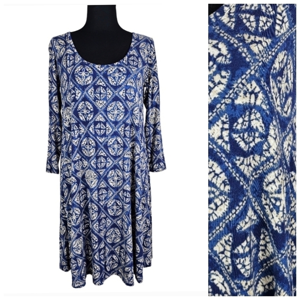 Tori Richard Zolie Dress Sz Small Blue Moroccan Tile Print 3/4 Sleeve Coastal
